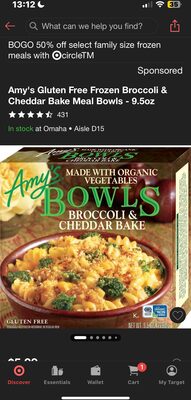 Amy's Gluten Free Frozen Broccoli & Cheddar Bake Meal Bowls