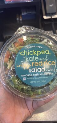 chickpea, kale and crispy red rice salad with avocado herb vinaigrette