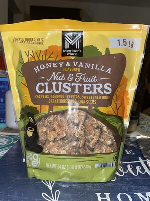 Honey and vanilla, flavored nuts, and fruit clusters