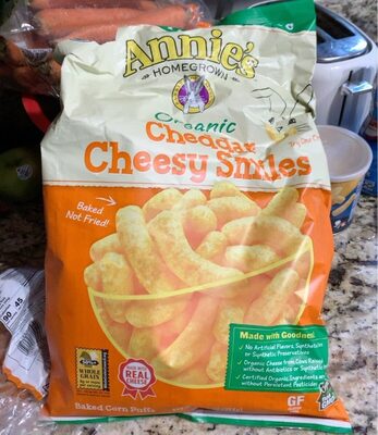 Annie'S Organic Cheddar Cheesy Smiles. Baked Puffed Corn