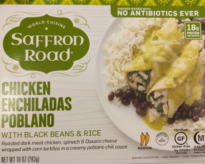 Chicken enchiladas poblano with black beans & rice roasted dark meat chicken, spinach & oaxaca cheese wrapped with corn tortillas in a creamy poblano chili sauce