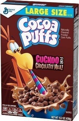 Cocoa puffs cuckoo for chocolatey milk! frosted corn puffs