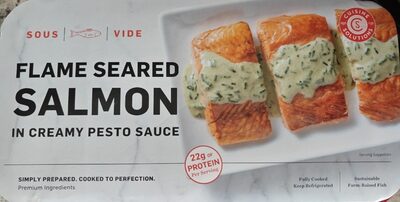 Flame seared salmon in creamy pesto sauce