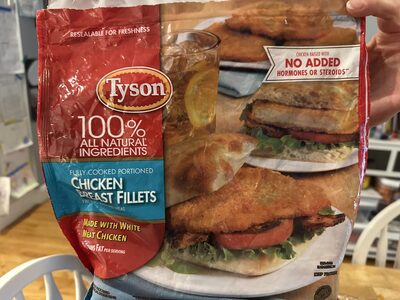 Fully cooked portioned chicken breast fillets, fritters with rib meat