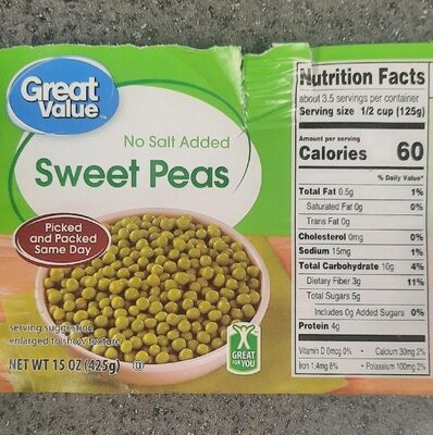 Great Value No Salt Added Sweet Peas, Canned Sweet Peas, 15 oz Can