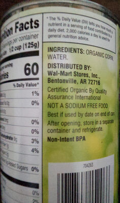 Great Value Organic No Salt Added While Kernel Corn, 15 Oz
