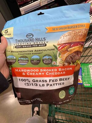 Hardwood Smoked Bacon & Creamy Cheddar 100% Grass Fed Beef (5) 1/3 Lb Patties