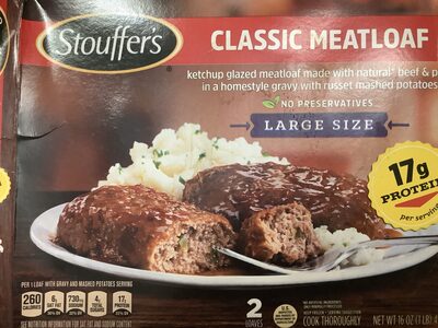 Large size ketchup-glazed meatloaf made with natural beef & pork in a homestyle gravy with russet mashed potatoes, meatloaf