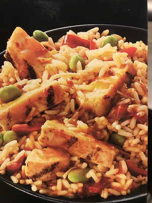 Mango chicken with coconut rice tender white meat chicken, edamame, white rice & toasted coconut with a sweet & spicy mango sauce, mango chicken with coconut rice