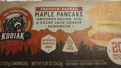 MAPLE PANCAKE UNCURED BACON, EGG & COLBY JACK CHEESE SANDWICH