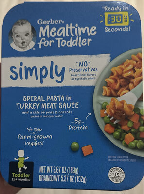 Mealtime for Toddler Simply Spiral Pasta in Turkey Meat Sauce