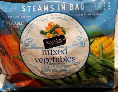 Mixed vegetables diced carrots, yellow corn, cut green beans, green peas, mixed vegetables