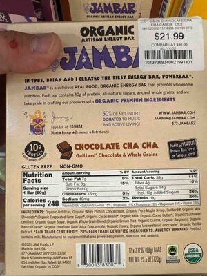 Organic Artisan Energy Bar Chocolate Cha Cha