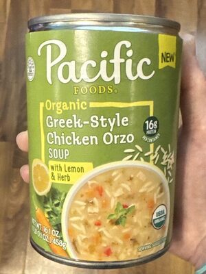 Organic Greek style chicken orzo soup