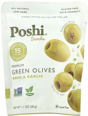 Poshi, Snacks, Premium Green Olives, Basil & Garlic