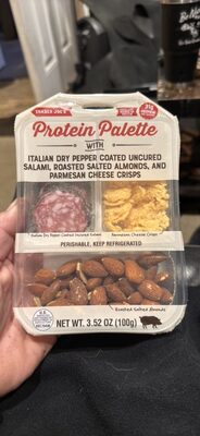 Protein Palette with Italian Dry Pepper Coated Uncured Salami, Roasted Salted Almonds, and Parmesan Cheese Crisps