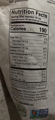 Protein powder nutrition label, ingredients and packaging