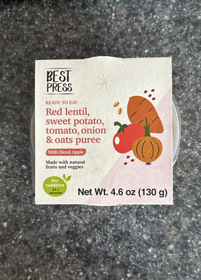 Red lentil, sweet potato, tomato, onion & oats puree