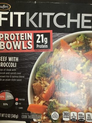 Strips of steak beef with broccoli and carrots over a brown rice & quinoa blend with an asian-style sauce protein bowls, beef with broccoli