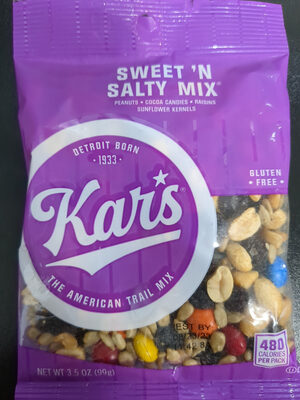 Sweet 'n salty, peanuts, cocoa candies, raisins, sunflower kernels the american trail mix, sweet 'n salty