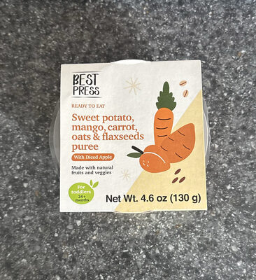 Sweet potato, mango, carrot, oats & flaxseeds puree