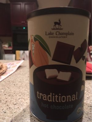 Traditional hot chocolate nutrition label, ingredients and packaging