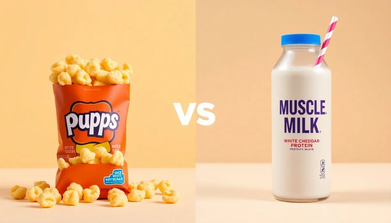 Aged White Cheddar Rice & Corn Puffs vs PRO Advanced Nutrition Muscle Milk Intense Vanilla