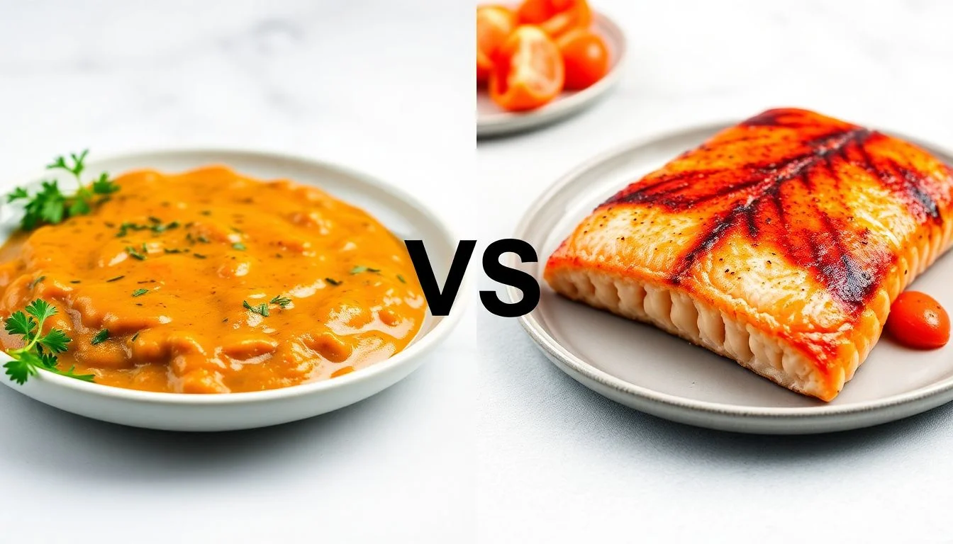 Creamy Tuscan Style Cooking Sauce vs Flame Seared Salmon in Creamy Pesto Sauce