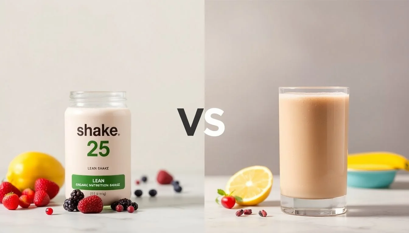 Lean Shake 25 vs organic nutrition grass-fed protein shake creamy chocolate fudge flavored