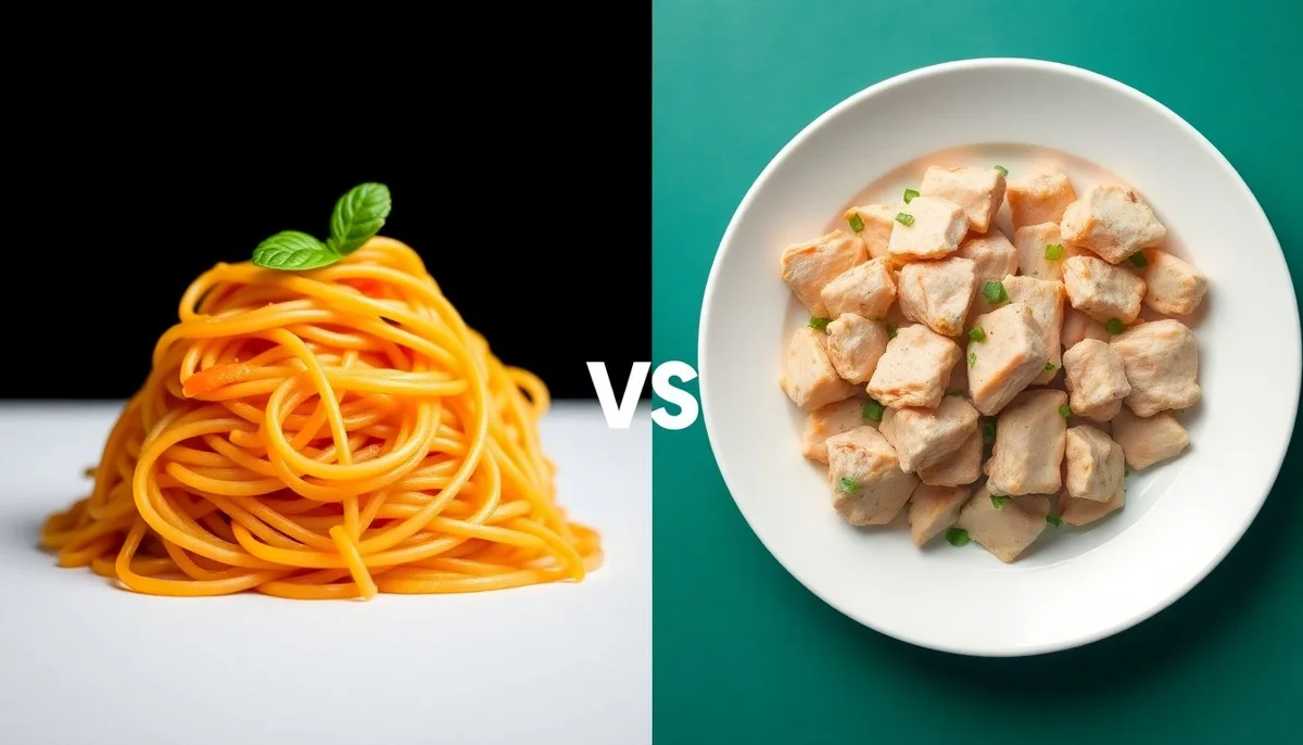 Protein Spaghetti vs Plant Chicken Pieces