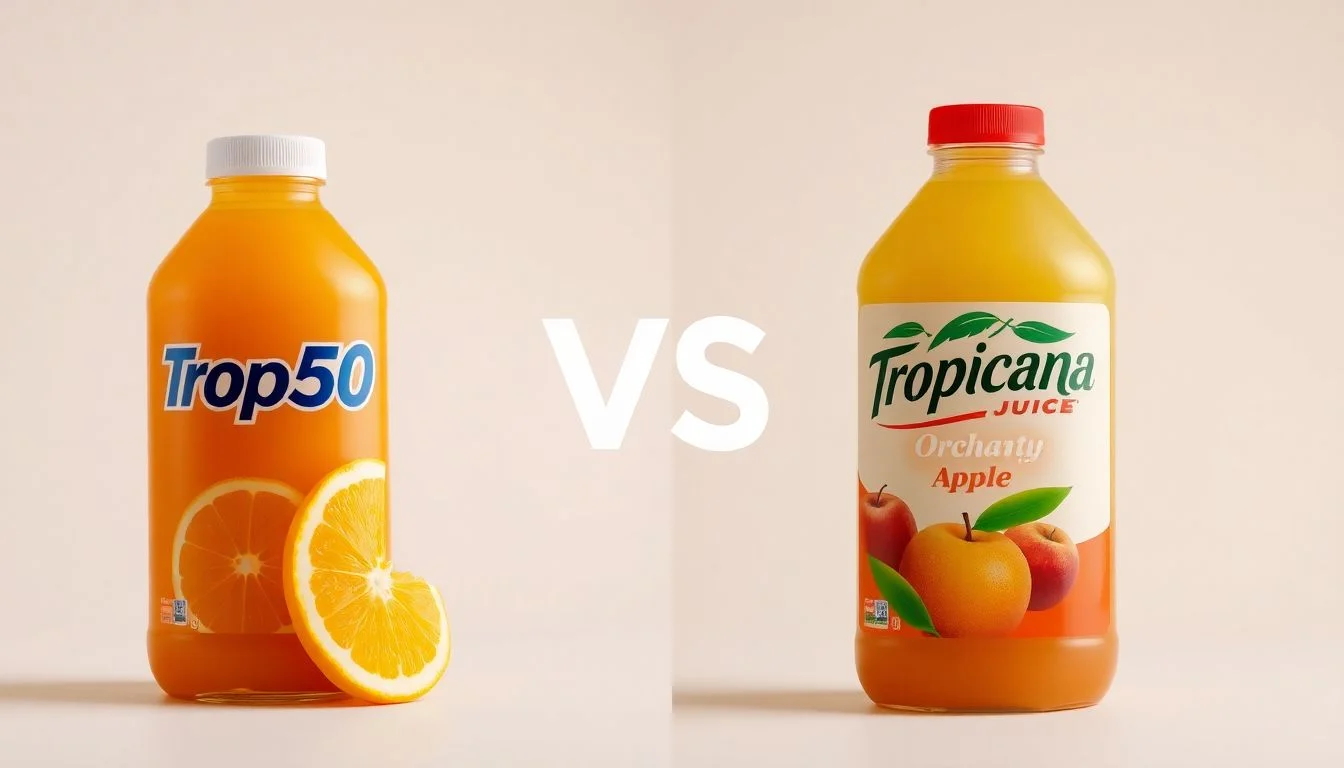 Trop50 orange juice vs Tropicana orchard style juice apple bottle